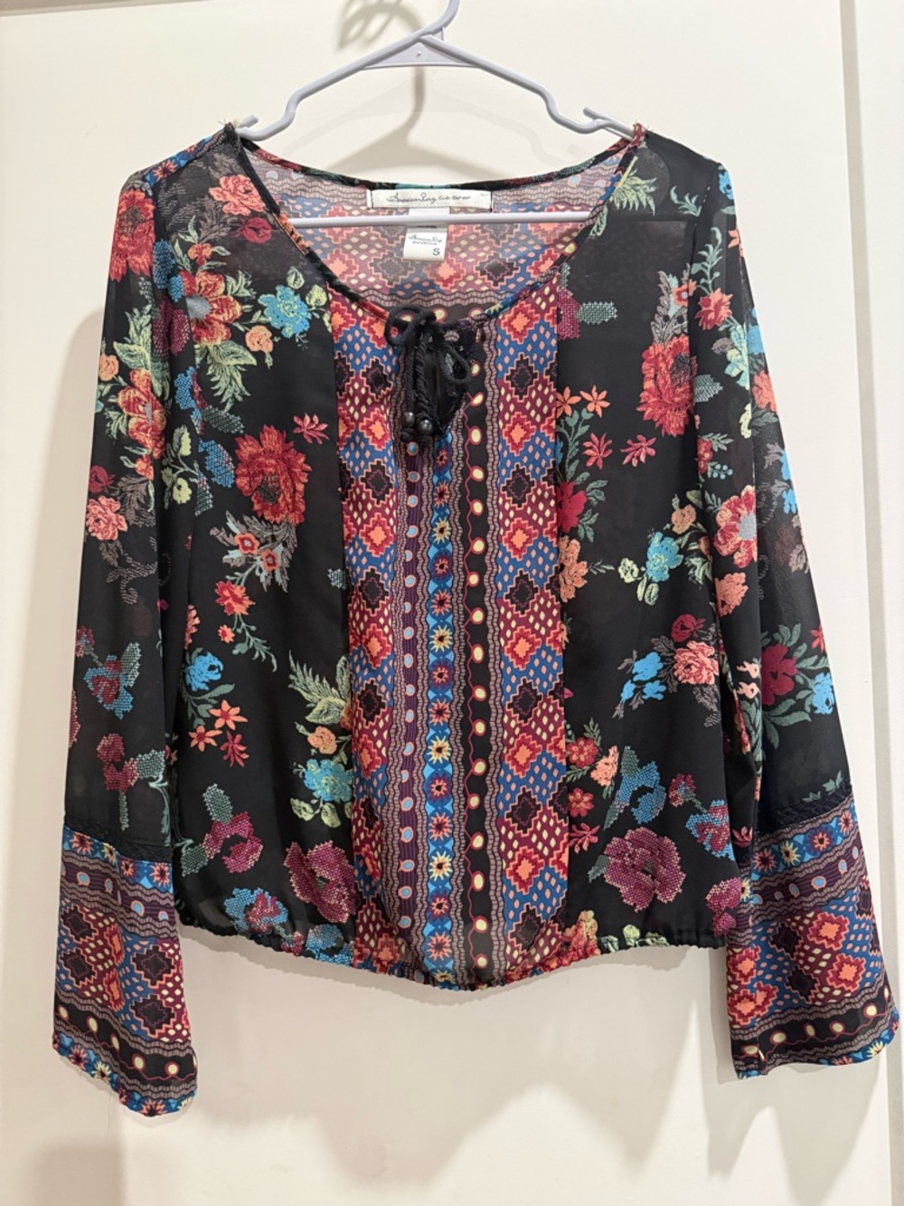 American Rag - Sans Souci Black Floral Lace-Up Boho Blouse